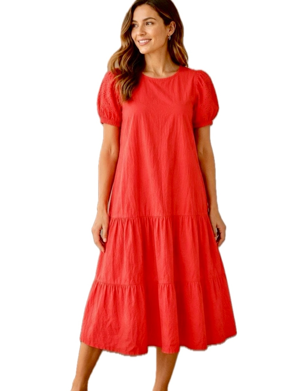 J.Crew | Eyelet Puff Sleeve Midi Dress | Bright Coral | Size M